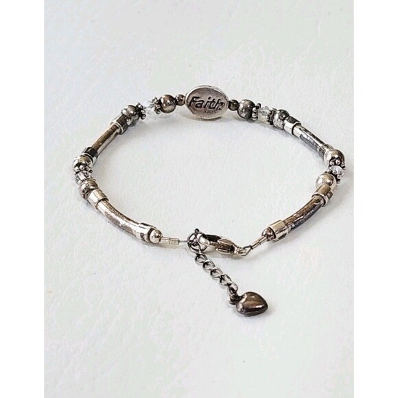 Sterling Silver Beaded Faith Crystal Heart Charm Bracelet 8" - Picture 2 of 7